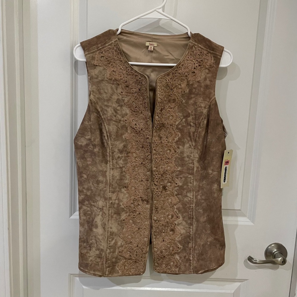 Reba Faux Suede Lace Trim Vest Brown Marbled Embroidered Beaded Western Medium
